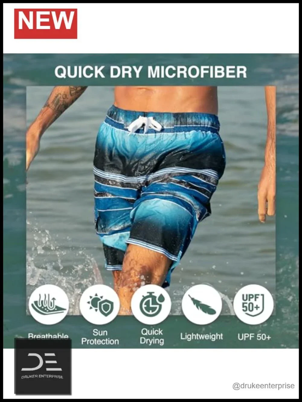 UPF 50+ Quick Dry Microfiber Swim Trunks with Mesh Lining and Pockets
